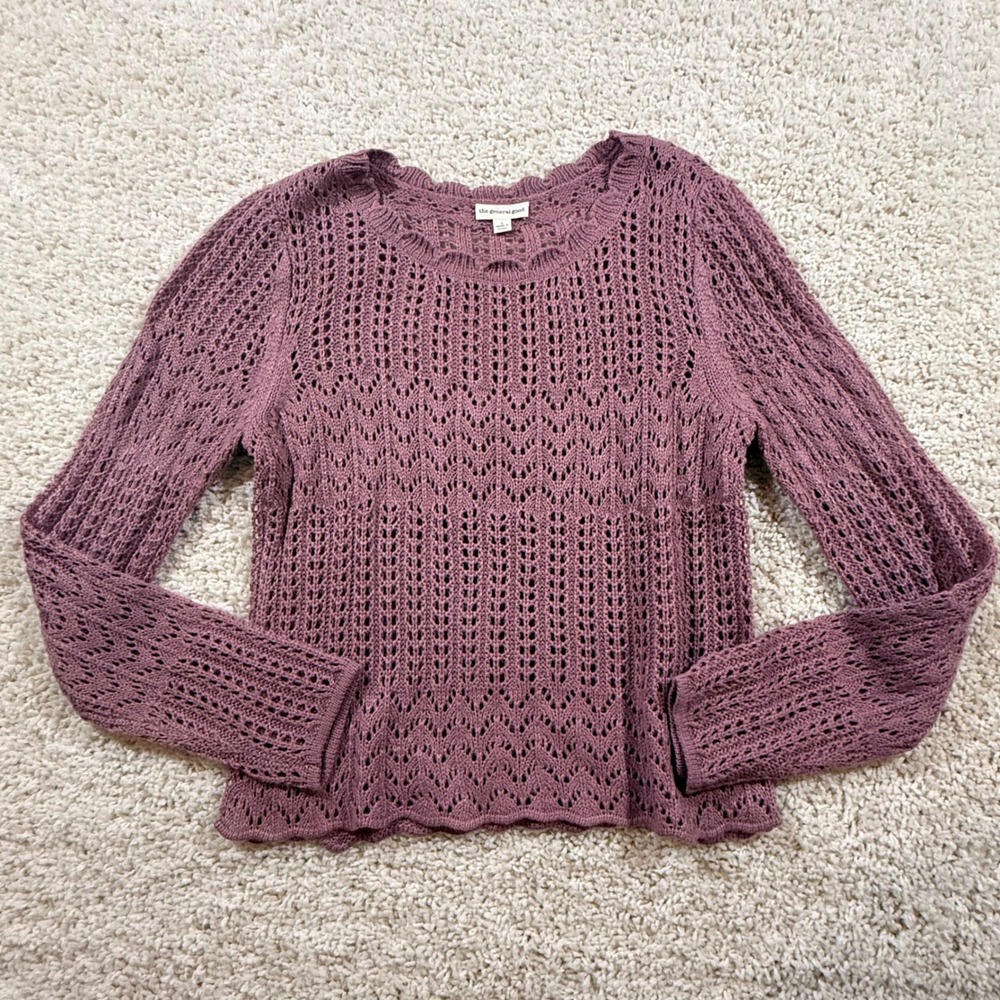 The General Good Mauve Purple Pointelle Open Knit Sweater L Cottagecore Boho